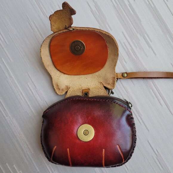 Leather Cat Kitty Face With Fish Charm Handcrafted Wristlet Coin Change Pouch - Picture 6 of 16